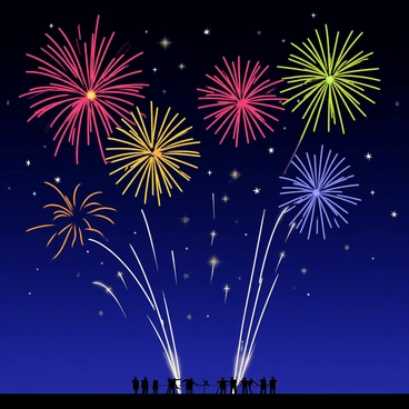 A night sky filled with vibrant fireworks in various shapes and colors. Explosions of red, blue, green, and gold burst across the canvas of stars. Some fireworks resemble sparkling flowers, while others create sweeping trails of light. The ground below is silhouetted against the bright display, with small crowds of people watching in awe.