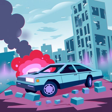 A car explosion in a war-torn area with rubble and debris scattered around