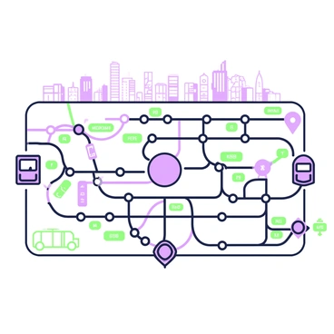 A transit map is displayed prominently, showcasing subway and bus routes in a bustling city. The map features numerous lines represented by different geometric shapes and patterns, interconnecting various stations. At the center, a large circle denotes the main hub of the transit system, surrounded by smaller circles indicating other key stations. Each line diverges from the center, extending outward in various directions, with labeled stops along the routes. The layout of the map is organized and easy to navigate, with clear indicators for bus stops and subway entrances. In the background, faint outlines of the city's skyline can be seen, adding context to the transit network.