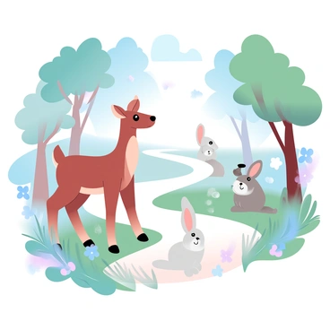 A winding forest path is surrounded by tall trees with lush green foliage. On either side of the path, patches of colorful wildflowers bloom. A deer stands gracefully at the edge of the path, its body poised as it gazes curiously towards the viewer. Nearby, a rabbit sits alert with its ears perked up, partially obscured by the tall grass. Sunlight filters through the leaves, creating dappled patterns on the ground. A few butterflies flit among the flowers, adding small bursts of color to the serene setting.
