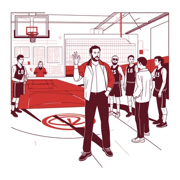 An iconic basketball coach stands confidently at the center of a brightly lit gymnasium, with the team's logo prominently displayed on the hardwood floor. The coach, wearing a team jacket, gestures passionately with one hand raised, conveying a sense of urgency and motivation. Surrounding the coach, the team members, dressed in their matching jerseys, listen intently with focused expressions. Some players nod in agreement, while others look determined, ready to take on the challenge ahead. The atmosphere is filled with anticipation as the coach passionately delivers an inspiring speech, encouraging the players to give their all in the upcoming game.