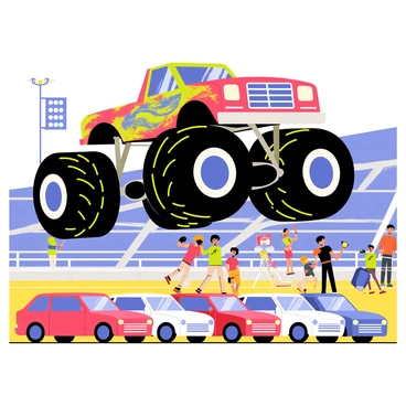 A powerful monster truck with large, colorful tires is leaping over a series of rows of parked cars in a stadium. The scene captures the truck in mid-air, with its body angled upward, showcasing its vibrant paint job and bold designs. Below, the cars are a mix of red, blue, and white, with some appearing crushed under the truck’s massive weight. The stadium is filled with excited spectators, some waving flags and cheering, while others hold cameras to capture the thrilling moment. Bright stadium lights illuminate the scene, adding excitement to the action.