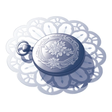 A vintage locket with intricate floral engravings is positioned on a delicate lace doily. The locket is round, featuring detailed patterns of flowers and leaves etched into its surface, showcasing the craftsmanship of a bygone era. The lace doily beneath it has a fine pattern, with symmetrical designs and scalloped edges that contrast with the smooth texture of the locket. Soft shadows cast by the locket add depth to the scene, highlighting the delicate nature of both the jewelry and the doily.