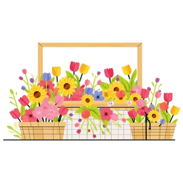 A flower market stall filled with a variety of colorful blooms arranged neatly. The stall displays an assortment of flowers including bright red roses, vibrant yellow sunflowers, and delicate pink tulips. Green leaves and stems are visible among the flowers, adding contrasts to the vivid colors. Baskets overflow with mixed flowers, and small price tags are attached to different arrangements. The background features a wooden stall frame and a checkered tablecloth, enhancing the lively market atmosphere.