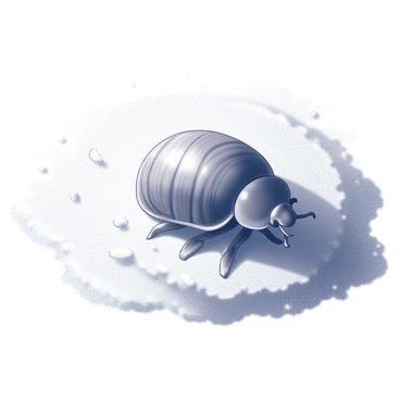 A pill bug is shown burrowing into a pile of soft sand. The pill bug has a rounded body and segmented shell, with its legs visible as it digs into the granular texture of the sand. Sunlight casts soft shadows on the surface of the sand, highlighting the contours of the pile. Small grains of sand are being displaced as the pill bug burrows deeper, creating a slight disturbance in the otherwise smooth surface. In the background, the texture of the beach is visible, with more sand extending outward, suggesting a sunny beach environment.