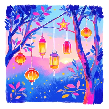 A scene depicts "colorful lanterns" hanging from the branches of several trees. Each lantern is glowing softly, resembling "fireflies" in the evening light. The lanterns are in various shapes and sizes, including round, hexagonal, and star-shaped designs. The trees have lush, green leaves, creating a rich contrast against the vibrant colors of the lanterns. The background is filled with the deepening hues of dusk, transitioning from light blue to soft purple. Small twinkling lights are visible among the branches, enhancing the magical atmosphere of the setting.