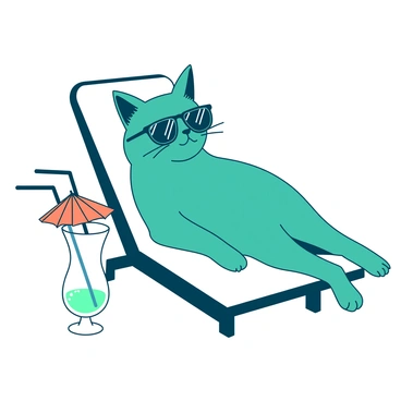 A teal cat is lounging comfortably in a white beach chair. The cat is wearing stylish sunglasses that sit snugly on its face, reflecting the sun's rays. Beside the cat, there is a tall white tropical drink with a colorful straw and a small orange umbrella resting on the rim. The scene captures the laid-back vibe of a sunny day at the beach.