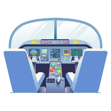 An airplane cockpit is filled with various control panels, switches, and dials. The cockpit features a large, curved windshield that provides a view of the sky ahead. Two pilot seats are positioned at the front, each equipped with a yoke and a set of instruments in front of them. The control panels are densely packed with buttons in different colors, gauges displaying altitude and speed, and screens showing flight data. A control throttle is situated between the pilot seats. Ambient lighting casts soft shadows across the panels, enhancing the intricate details of the cockpit's design.