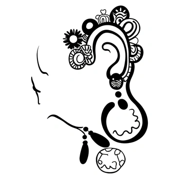 An ear adorned with colorful earrings and ear cuffs, showcasing different styles.