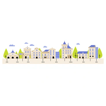 A timeline illustration showcasing the evolution of Grenoble architecture. The timeline is displayed as a long horizontal line with distinct sections labeled for different architectural periods. Each section features a unique building represented with cartoon-style drawings. Early architecture showcases simple stone structures with small windows, while later sections display intricate facades with balconies and large windows. Modern architecture is highlighted with sleek lines and glass elements. Trees and clouds are illustrated in the background to enhance the scene, bringing life to the timeline. "Grenoble Architecture Evolution" is written prominently at the top.