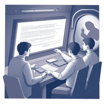 A group of four individuals inside a submarine is intensely focused on deciphering a series of codes displayed on a large, illuminated screen. Each person has a unique role, with one typing on a keyboard, another examining a set of papers, a third pointing at the screen while discussing strategies, and the fourth monitoring various instruments nearby. The interior of the submarine is tight, with metal walls, control panels filled with buttons and switches, and small windows providing glimpses of the dark water outside. In the background, a shadowy figure looms, hinting at the presence of a deep-sea monster, its silhouette partially visible through the glass.