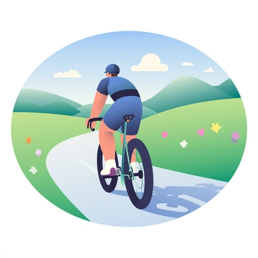 A cyclist with a dark blue helmet and a matching jersey is riding a gravel bike along a winding country road. The bike has thick tires and a sleek design, perfect for off-road trails. The road is surrounded by lush green fields, with wildflowers blooming on either side. In the background, there are rolling hills under a clear blue sky, and a few fluffy white clouds scattered across. The cyclist is leaning forward, pedaling vigorously, with their shadow cast on the gravel path.