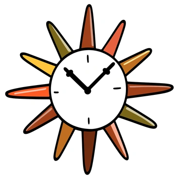 A wall clock with a starburst design featuring elongated, pointed rays radiating from a central round face. The clock's face is made of a glossy white material with black hour and minute hands. The rays are a mix of warm wood tones and shiny metallic finishes, creating a vibrant contrast. The clock is mounted on a light-colored wall, enhancing its mid-century modern aesthetic.
