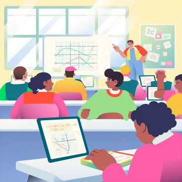A vibrant classroom is filled with students actively using tablets to draw parabolas. Each student has a different expression of concentration as they focus on their work. Brightly colored tablets are spread out on their desks, showing various graphs and equations. The walls of the classroom are decorated with educational posters featuring mathematical concepts. There is a teacher in the background, pointing at a large whiteboard with a clear diagram of a parabola. Sunlight streams through large windows, creating a warm and inviting atmosphere.