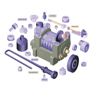 An exploded view of car engine parts, each component labeled and floating in space