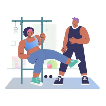A personal trainer with light brown hair and wearing a black tank top is supervising a client performing cable kickbacks. The client, a woman with curly black hair, is in a fitness studio and is dressed in a blue sports bra and matching leggings. She is holding onto a cable machine with one hand for support while extending one leg backward, engaged in the exercise. The floor is covered with a light gray mat, and there are various gym equipment pieces visible in the background, including dumbbells and a stability ball. The trainer is standing beside her, giving instructions with a focused expression.