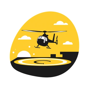 A helicopter is silhouetted against a yellow and black sunset. The helicopter is in the process of landing on a helipad that is visibly marked on a building rooftop. The rotors of the helicopter are in motion, creating a clear outline. The sun is setting on the horizon, casting an expansive yellow glow that contrasts with the black of the helicopter and the helipad. The scene captures the moment of descent, emphasizing the silhouette against the dramatic backdrop.