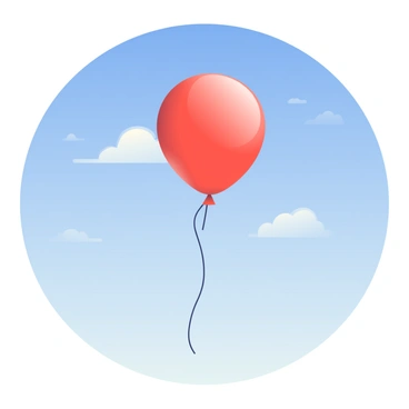 A single red balloon is floating away in a clear blue sky. The balloon is round and glossy, reflecting sunlight as it rises higher. There are a few wispy white clouds scattered across the sky, providing a soft contrast to the vibrant blue. Below, the landscape is not visible, emphasizing the vastness of the open sky surrounding the balloon. The string of the balloon trails down, lightly swaying as it ascends into the atmosphere.