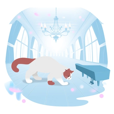 A Persian cat with long, fluffy fur is wandering gracefully across a polished wooden floor in an empty ballroom. The soft glow of numerous candles flickers, casting warm light and creating gentle shadows around the room. Elegant chandeliers hanging from the ceiling reflect the candlelight, enhancing the ambiance. The walls are adorned with intricate patterns, and large, draped windows allow faint silhouettes of the night outside to peek in. The cat curiously explores the space, its fur catching the light as it moves. An ornate grand piano stands in one corner, adding to the room's opulence.