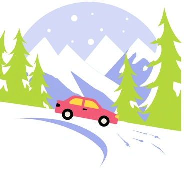 A cozy car driving through a snowy mountain pass surrounded by pine trees