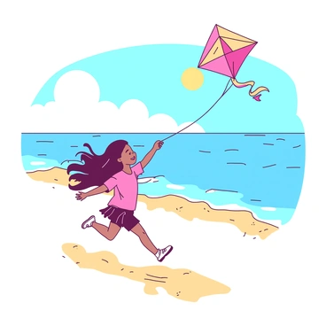 A young girl with long hair is running along a sandy beach while holding a colorful kite soaring high in the sky. The kite is vibrant and has a long tail fluttering in the wind. In the background, the vast ocean stretches out, with gentle waves lapping at the shore. The sun is shining brightly, casting a warm glow on the scene. The girl's feet leave small footprints in the soft, warm sand as she enjoys her time outdoors.