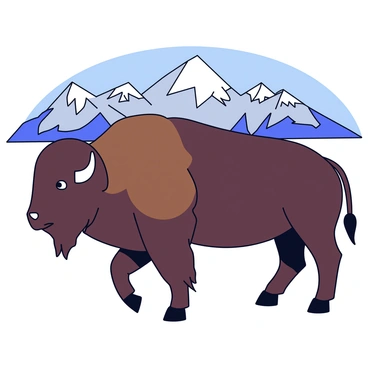 A large bison standing with its head held high and its thick, dark brown fur catching the light. Its powerful frame is well-defined, showcasing its muscular build. In the background, a range of majestic mountains rises sharply, their peaks capped with white snow. The mountains have varying shades of grey and blue, creating a strong contrast with the bison. The scene is set under a clear blue sky, emphasizing the bison's commanding presence in the expansive landscape.