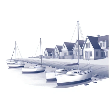 A coastal village with a shoreline featuring several sailboats docked. The sailboats have distinct shapes and varying sizes, creating a lively scene on the water. In the background, a row of quaint houses with unique architectural designs lines the shore, including sloped roofs and decorative elements. The houses are close together and have windows that reflect the surroundings. The beach area is sandy with some rocks scattered along the edge, enhancing the coastal feel of the village.