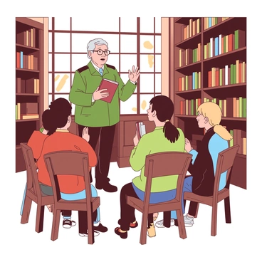 A veteran with gray hair and wearing a green military jacket stands in front of a captivated group of listeners in a library. The veteran is animatedly sharing their story, with one hand gesturing expressively. The listeners, a diverse group of young adults and children, are seated on wooden chairs, leaning forward with interest. Among them, a young girl with pigtails is wide-eyed, and an older man with glasses has a thoughtful expression. In the background, tall wooden bookshelves filled with books surround them, and soft, warm light filters through large windows, creating a welcoming atmosphere.