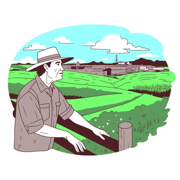 A concerned farmer with a weathered face is standing next to a wooden fence, looking out over his sprawling green fields. The fields are dotted with rows of corn and patches of wildflowers. In the background, there is a large fracking site with industrial equipment and trucks, contrasting against the natural landscape. The sky overhead is partly cloudy, casting shadows over both the farmland and the fracking site, highlighting the tension between nature and industry. The farmer is wearing a plaid shirt and a straw hat, with his hands resting on the fence as he gazes thoughtfully into the distance.