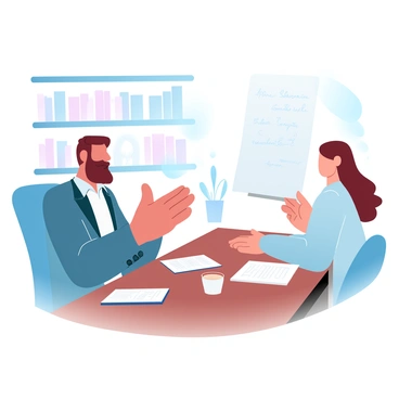 An experienced mentor with short hair wearing a blazer is sitting at a wooden desk, leaning slightly forward to engage in conversation. The mentor is gesturing with one hand, emphasizing a point. A young entrepreneur with wavy hair is sitting across from the mentor, looking attentive and taking notes on a notepad. The cozy office features warm lighting, shelves filled with books, and a potted plant in the corner. A whiteboard in the background has diagrams and notes scribbled on it, suggesting an active brainstorming session. A cup of coffee sits on the desk between them.