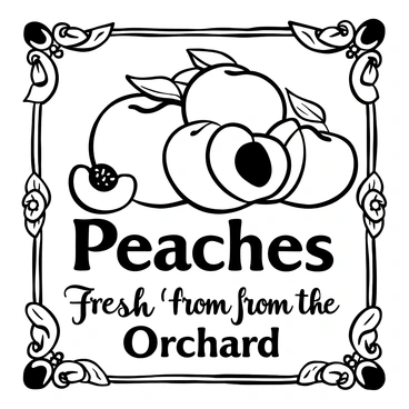 A vintage-style advertisement poster featuring "luscious peaches" displayed prominently at the center. The peaches are shown in various sizes, with some cut in half to reveal their juicy interior. Below the peaches, the words "Fresh from the Orchard" are inscribed in an elegant font. Surrounding the peaches are intricate floral decorations that enhance the vintage aesthetic, with leaves and blossoms intertwining around the composition. A decorative border frames the entire poster, adding to its classic appeal.