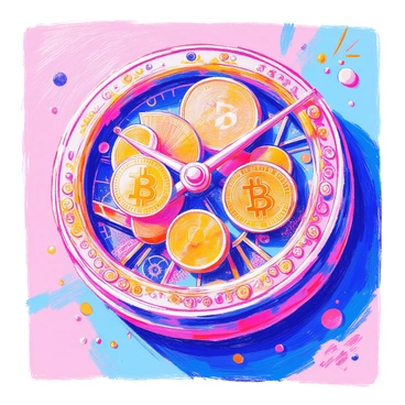 An intricate 3D clock features a circular face adorned with detailed engravings. The clock hands are shaped like bitcoins, spinning slowly in a continuous motion. The outer rim of the clock is embellished with ornate patterns, making it visually striking. There are small gear mechanisms visible behind the clock face, adding complexity to the design. The background is a smooth, polished surface that enhances the overall elegance of the clock.