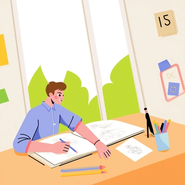 An artist sits at a wooden table beside a large window, sketching in an open sketchbook. Bright natural light pours in through the window, illuminating the artist's focused expression. The sketchbook displays rough pencil outlines of various figures and scenes. A set of colored pencils is scattered around the sketchbook. The window frames a view of green trees swaying gently in the breeze, adding a touch of nature to the scene. The artist wears a light blue shirt and has short brown hair, while the room is decorated with art supplies and inspiration boards on the walls.