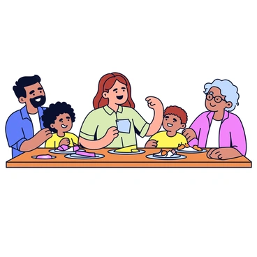 A woman with long brown hair is sitting at a rectangular wooden dinner table surrounded by family members. She is wearing a light green dress and has a bright smile on her face as she animatedly shares stories. The family members include a man with a short beard, a child with curly hair, and an elderly woman with glasses, all listening attentively with smiles. Plates of food are placed on the table, and there are colorful napkins folded neatly beside each plate.