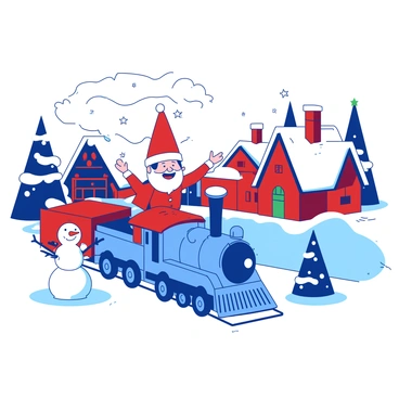 A red elf on the shelf is joyfully riding a small blue toy train as it travels around a festive Christmas village. The train is adorned with tiny colorful lights, and the elf is waving cheerfully from his seat. In the background, there are charming miniature houses decorated with snow and twinkling holiday decorations. A few small pine trees with white snow on their branches are scattered throughout the village, and a snowman with a carrot nose stands nearby, adding to the holiday spirit.