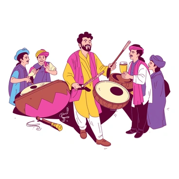 A groom in a vibrant traditional outfit stands at the center of the scene, smiling joyfully. Surrounding him are traditional musicians playing dhols and shehnais. One musician is energetically beating a large dhol, creating a rhythmic beat, while another plays a shehnai, producing melodious sounds. The musicians are dressed in colorful attire, adding to the festive atmosphere. The scene is lively, filled with the excitement of celebration, as the groom enjoys the music with his friends and family gathered around him.