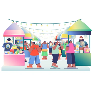 A bustling street market is filled with colorful stalls selling "eclipse memorabilia" and "themed items." One stall displays a variety of "souvenirs," including "t-shirts" with "eclipse graphics," "hats" featuring "solar motifs," and "postcards" showcasing different phases of the eclipse. Nearby, another vendor offers "glow-in-the-dark toys" shaped like "celestial bodies," alongside "eclipse glasses" in bright packaging. Shoppers are browsing through "handmade jewelry" that incorporates "moon and sun designs." Strings of decorative lights overhead create a vibrant atmosphere, while a cheerful crowd moves between the stalls, engaging with the vendors and admiring the unique items on display.
