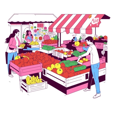 A vibrant scene at a farmer's market filled with an assortment of colorful fruits and vegetables displayed in wooden crates. There are red tomatoes, yellow bell peppers, and green cucumbers among the produce. Stalls are covered with striped awnings, creating an inviting atmosphere. People are interacting enthusiastically as they browse the fresh produce. A woman is reaching for a bunch of bananas while a man examines a basket of red apples. In the background, a small child is pointing excitedly at a colorful assortment of flowers. The overall environment is bustling with energy.
