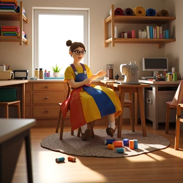 A seamstress with light brown hair tied in a bun is sitting at a wooden sewing machine in a cozy workshop. She is focused on sewing a colorful dress made of vibrant fabric pieces, showcasing shades of red, blue, and yellow. Surrounding her are rolls of various fabrics stacked neatly on shelves, and spools of thread in an array of colors are organized on a nearby table. Sunlight streams through a small window, casting a warm glow over the workspace, which is filled with tools like scissors, measuring tape, and pins scattered across the table.