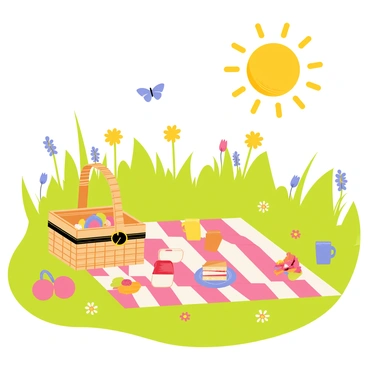 A sunny meadow filled with vibrant green grass and colorful wildflowers. In the center, there is a large, checkered picnic blanket spread out on the ground. A wicker picnic basket sits open on one side, filled with an assortment of fresh fruits and sandwiches. A couple of colorful plates are placed on the blanket, along with bright beverage cups. A large sun shines overhead, casting warm light over the joyful picnic scene, and a few butterflies flutter nearby, adding to the cheerful atmosphere.