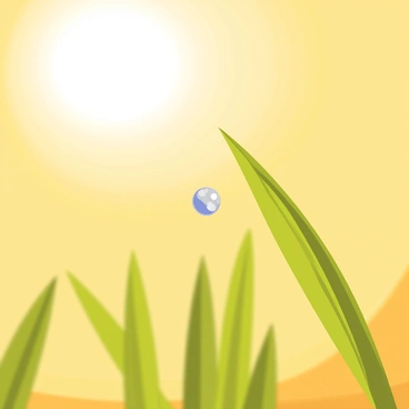 A close-up view of a single "dewdrop" hanging on the tip of a "blade of grass." The dewdrop is reflecting the early morning light, making it appear like a small crystal. The background features soft light from the "sunrise," casting warm hues of orange and yellow across the scene. Gentle, blurred shapes of other grass blades are present, creating a natural setting for the focal dewdrop.