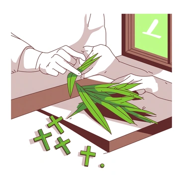 A pair of hands, gently focused, are weaving palm leaves into small crosses. The palm leaves are bright green, showcasing their natural texture and sheen. The fingers are delicately interlacing the strands, demonstrating skill and care. A few completed small crosses are scattered on the sturdy wooden table, highlighting the labor of love. Sunlight filters through the window, casting soft shadows that enhance the serene atmosphere of this Palm Sunday craft activity.