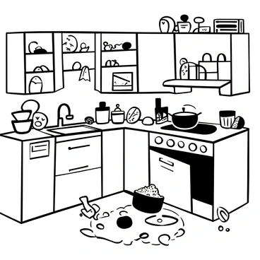 A chaotic kitchen with "dirty dishes" piled high in the sink and on the countertops, featuring a "spilled mix of flour, sugar, and sauce" scattered across the surfaces. There are "open cabinets" with ingredients spilling out, and a "cutting board" covered in leftover vegetable scraps. An "overturned bottle" of olive oil is on the floor, creating a slick puddle, while a "pan" is left on a cluttered stovetop with remnants of food burnt on it.