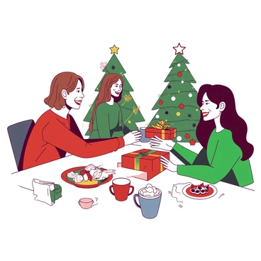 A group of colleagues is gathered around a large table adorned with festive decorations during a cheerful office holiday party. Each person is smiling and engaged in exchanging small gifts wrapped in colorful paper. One colleague with short brown hair is handing a wrapped red box to another colleague with long black hair, who is wearing a bright green sweater. In the background, a small Christmas tree is decorated with shiny ornaments and twinkling lights. On the table, there are plates filled with holiday treats and mugs with warm beverages.