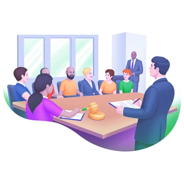 A courtroom scene depicting jurors seated around a long wooden table, all facing forward. Each juror displays a diverse expression; some are focused while taking notes, others look thoughtful or concerned. The jurors represent various ages and ethnicities. A gavel sits on the judge's bench in the foreground, and a well-dressed attorney is visible in the background presenting evidence. Sunlight filters through large windows, casting soft light on the scene.