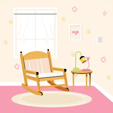 A nostalgic bedroom featuring light pastel-colored floral wallpaper that covers the walls. In the center of the room, there is an antique wooden rocking chair with intricate carvings on the arms and legs. A small, round side table with a vintage lamp rests beside the rocking chair. A soft, patterned area rug lies on the wooden floor, adding warmth to the space. A window with sheer curtains allows soft natural light to filter in, creating a cozy atmosphere. A few framed pictures hang on the walls, completing the nostalgic feel of the room.