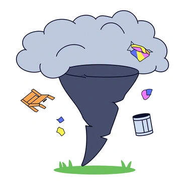 A large swirling tornado, with a dark gray funnel shape extending downward. The tornado is surrounded by various objects flying around to depict chaos, including a wooden chair, a metal trash can, and colorful paper debris. The sky above is a mix of dark and light gray clouds, accentuating the storm's intensity. The ground below has a hint of green grass, contrasting with the chaotic scene above.