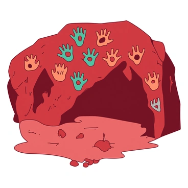 A red cave wall is covered with a cluster of colorful prehistoric handprints in various sizes and shapes. The handprints range in color from teal to orange, each distinctly outlined against the red background. Some handprints feature intricate patterns within them, while others remain simple and solid. The cave interior is dimly lit, allowing the vibrant colors of the handprints to stand out dramatically against the earthy tones of the stone wall. A sense of ancient history and creativity is palpable in this scene.