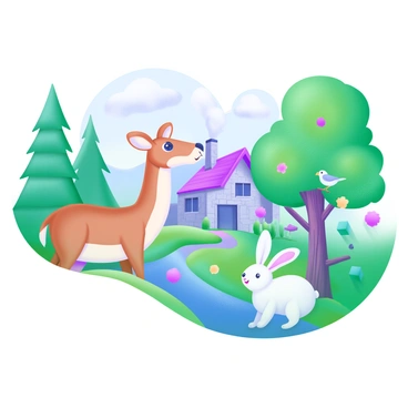 A whimsical illustration featuring an enchanted forest filled with tall, lush trees and colorful flowers. In the foreground, a friendly deer with soft brown fur stands beside a playful rabbit with fluffy white fur. A small stream flows gently through the scene, reflecting the vibrant greenery surrounding it. Birds of various colors perch on branches, singing cheerfully. In the background, a quaint cottage made of stone and wood peeks out from behind the trees, with smoke curling from the chimney. The sky above is a soft pastel blue, dotted with fluffy white clouds.