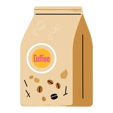 A creatively designed coffee bag with illustrations of coffee beans